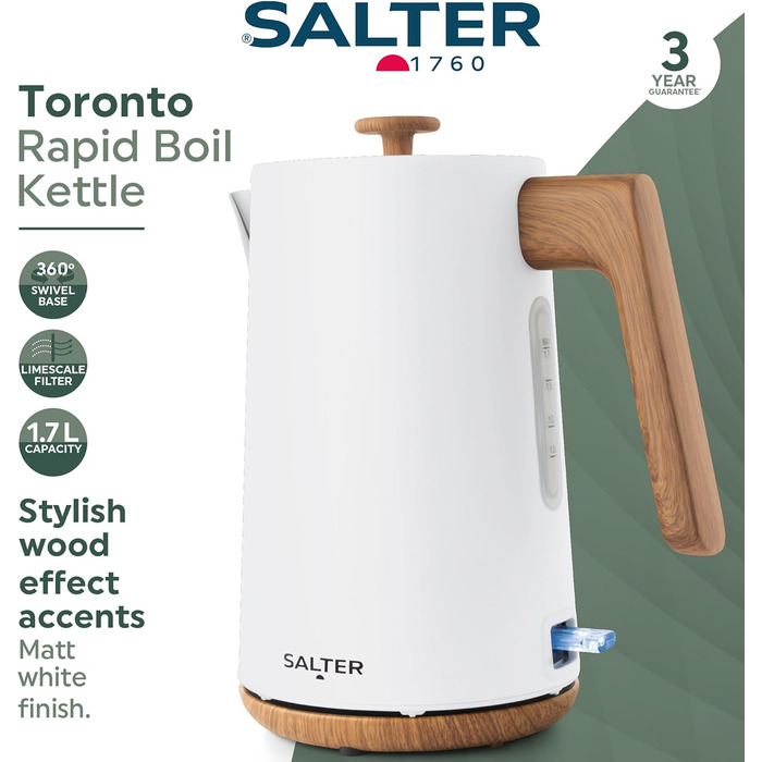 Електричний чайник Salter Toronto 1,7L з функцією швидкого кип'ятіння, 360° обертання, фільтром від накипу, дерев'яним дизайном, бездротовим підключенням, захистом від сухого кип'ятіння та автоматичним вимкненням. Otter-контролер, білий колір.