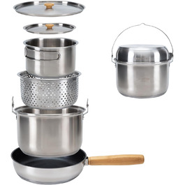 Набір посуду для кемпінгу KingCamp: нержавіюча сталь 304, для багаття, котелень, каструль, сковорода та чайник з сумкою, для кемпінгу, відпочинку на природі, кухні, приготування їжі, пікніків на 4-6 осіб, срібний набір посуду