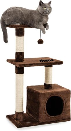 Lionto Scratching Post for Cats with Cave and Plush Ball incl. Bell, Height 85 cm, Cat Tree with Sisal & Plush, Cozy Lying Areas & Cave, Suitable for Small & Large Cats, (Brown (with nameplate))