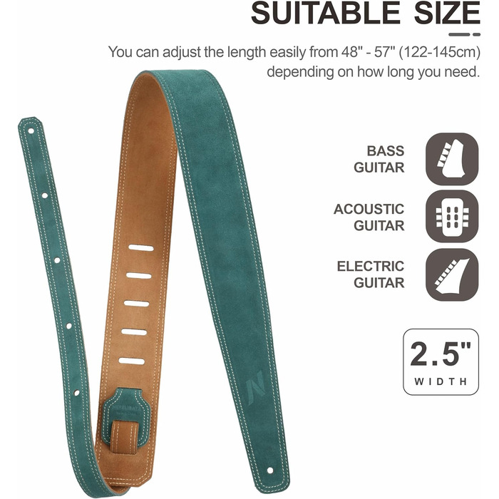 Гітарний ремінь Nefelibata: широка шкіряна стрічка з м'якою підкладкою та кишенею для кабелю, для акустичної, бас та електрогітари, для дітей, чоловіків та жінок. Зелений колір.