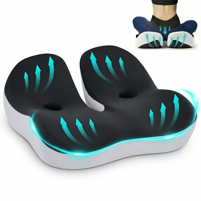 Ортопедична подушка для сидіння на стілець та в авто з Memory Foam - підтримка куприка, зняття болю при ішіасі, чорна