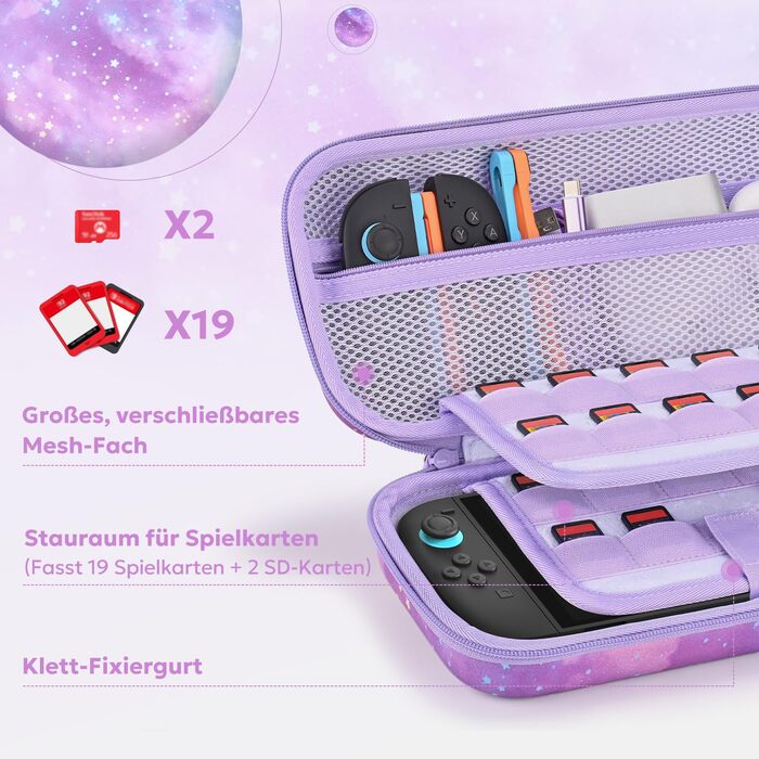 Чохол для Nintendo Switch 2 innoAura Switch 2 Tasche, фіолетовий (Galaxy Lila Violett), водовідштовхувальний, з амортизацією, відділенням для AirTag та великою сітчастою кишенею