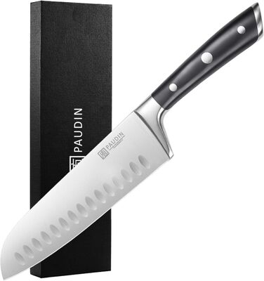 Кухонний ніж Santoku PAUDIN 17 см, професійний, японський стиль, з німецької високовуглецевої сталі, надгострий, довговічний, ергономічна ручка