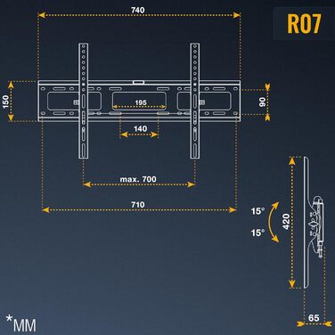 Кріплення для телевізора RICOO R07: нахильний тримач для телевізорів 37-80 дюймів, VESA 600x400, до 100 кг, універсальний, slim, для OLED, Curved, Flach