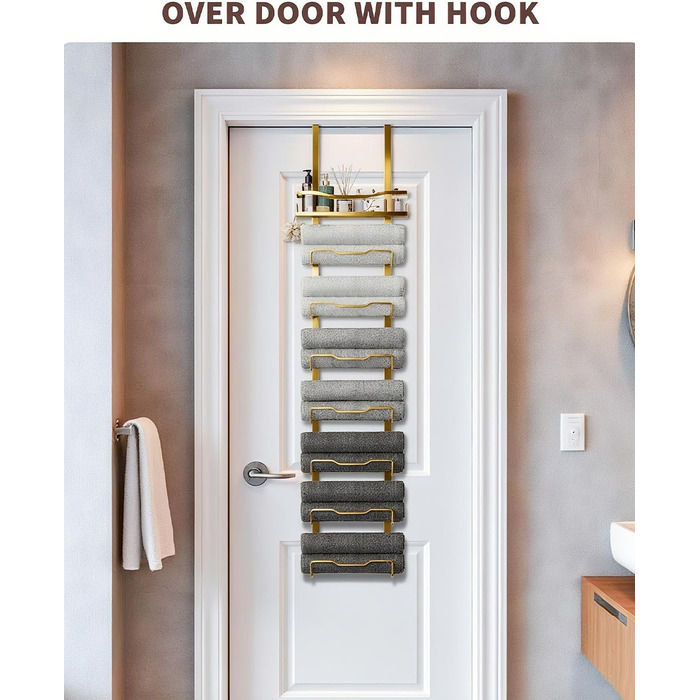 Настінний тримач для рушників у ванну кімнату, без свердління, 6-рівнева наддверна полиця для рушників, багаторівневий тримач для рушників на двері, для складених рушників (Золотий, 8 ярусів)