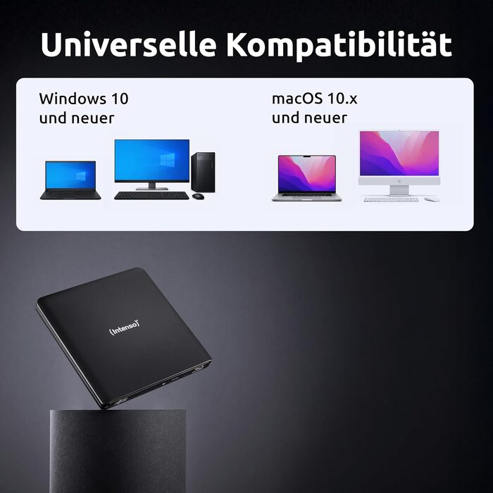Зовнішній CD/DVD привід Intenso EOD 400D Slim, USB 3.2, для ноутбука та ПК, кабель USB-C та USB-A, Plug & Play для Windows та MacOS, чорний