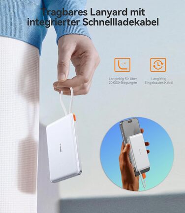 Портативний зарядний пристрій TORRAS 10000mAh з кабелем USB-C, 22.5W PD3.0, білий. Сумісний з iPhone, Samsung, AirPods.