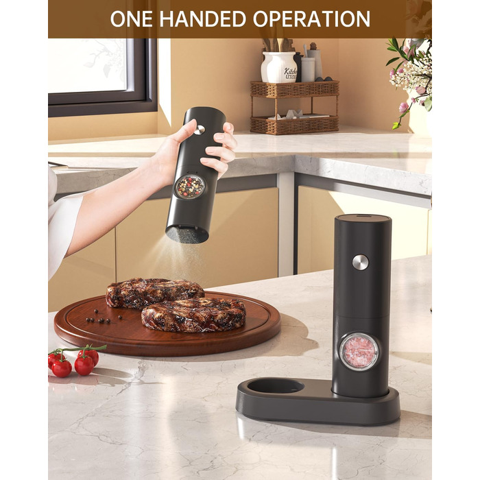 CIRCLE JOY Мельниці для солі та перцю електричні, набір 2 шт., чорні, з підставкою, світлодіодне підсвічування, регулювання помелу, об'єм 70 мл