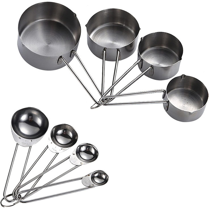 8-Piece Measuring Cup and Spoon Set, 4 Measuring Cups with Handles and 4 Coffee Measuring Spoons, Stainless Steel, Non-toxic, Rust-proof, Well-made, Professional Kitchen Measuring Set, Silver