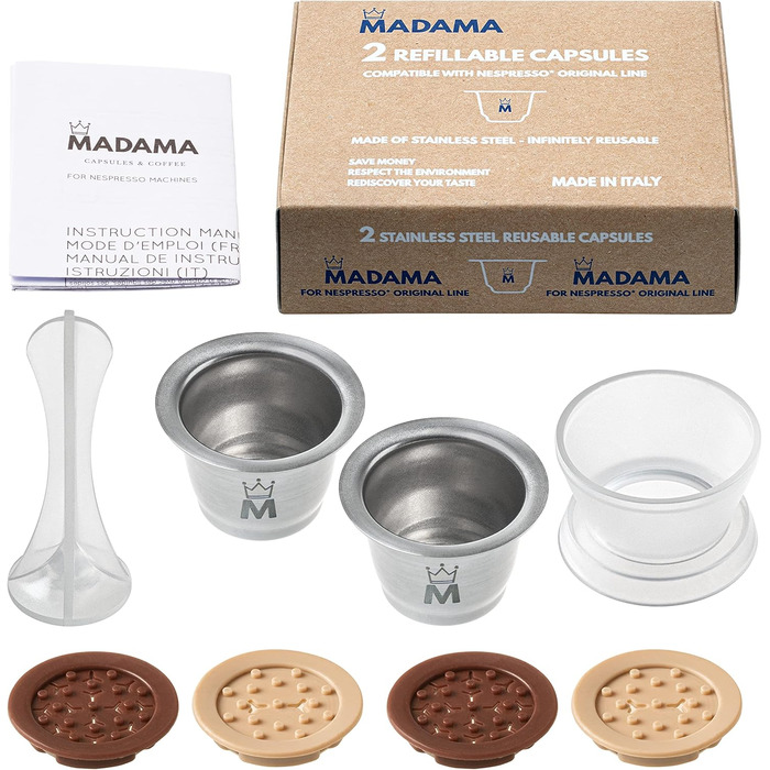 Madama — багаторазова капсула для кави Nespresso, нержавіюча сталь і харчовий силікон, набір 2 шт., вироблено в Італії