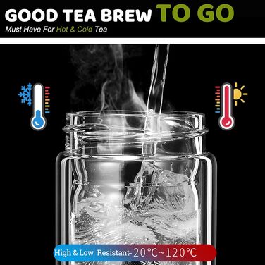 Double-walled glass tea bottle 1 liter with 2-in-1 stainless steel strainer to go, 1000ml large volume, tea bottle 100% leak-proof 1 l (500ml (Anytime))