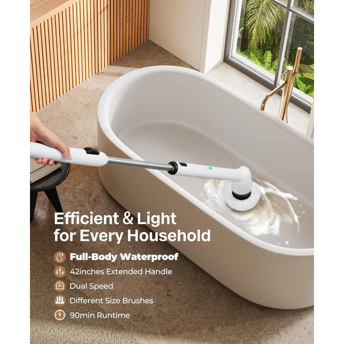 Електрична щітка для прибирання LyriFine, водонепроникна IPX7, з довгим руків'ям, 2 швидкості, з набором змінних насадок, для ванної кімнати, білий