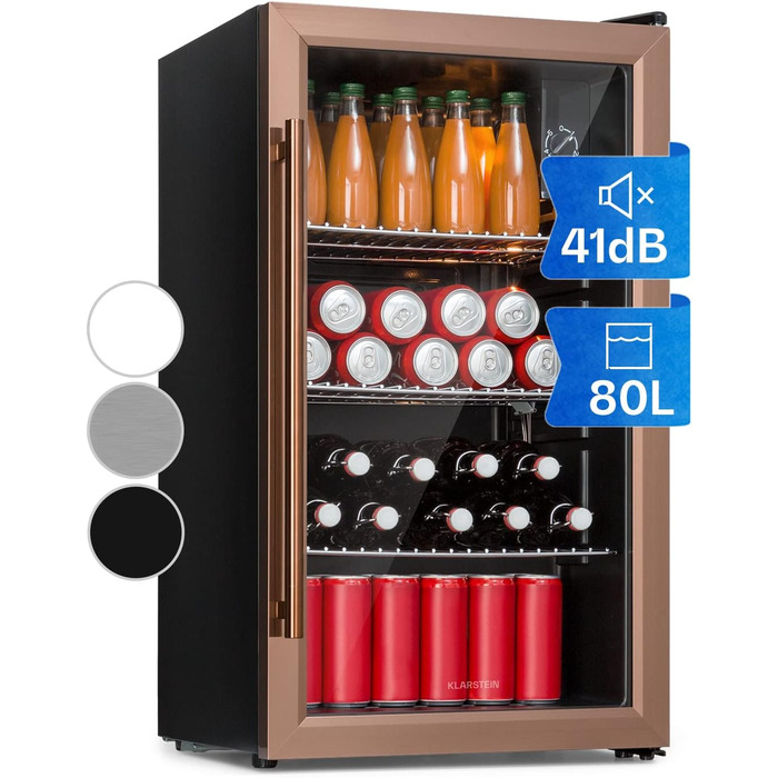 Klarstein Mini Fridge with Glass Door - 80L Compact Beverage Cooler with Adjustable Shelves & Wave Design Racks - Quiet Operation, Copper Metallic Finish