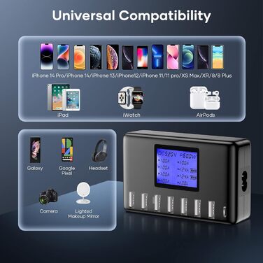 Зарядний пристрій USB 60W, 8 портів, з LCD дисплеєм, USB-C Hub для iPhone, iPad, Android, Samsung, Huawei, Kindle - Чорний