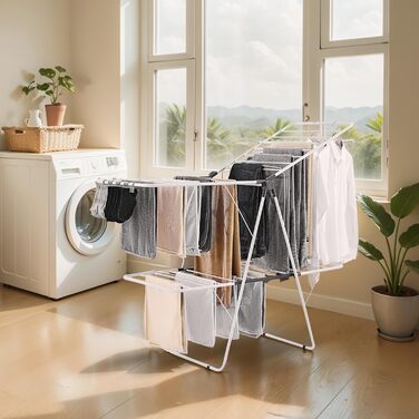 Сушарка для білизни VEVOR 2-ярусна розкладна з прищіпками та 31 вішалкою, регульована по висоті, металева, для ванної, балкону, 1470 x 600 x 1000 мм