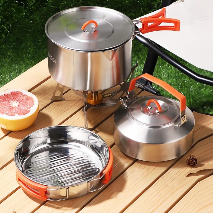 Набір посуду для кемпінгу з нержавіючої сталі 304, 1-2 особи. Посуд для туризму, похідний набір з каструлею, сковородою з антипригарним покриттям та чайником у сітчастій сумці