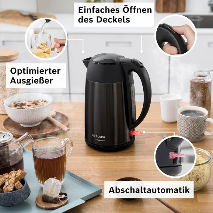 Електричний чайник Bosch DesignLine TWK3P424 бездротовий, 1.7 л, 2400 Вт, червоний (чорний), з індикатором рівня води та захистом від перегріву