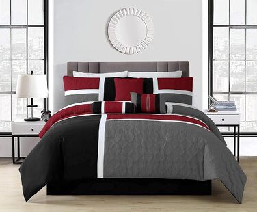 Комплект постільної білизни Chezmoi Collection Upland, 7-piece, Patchwork, для ліжка King Size (Oversized), червоно-сірий-чорний