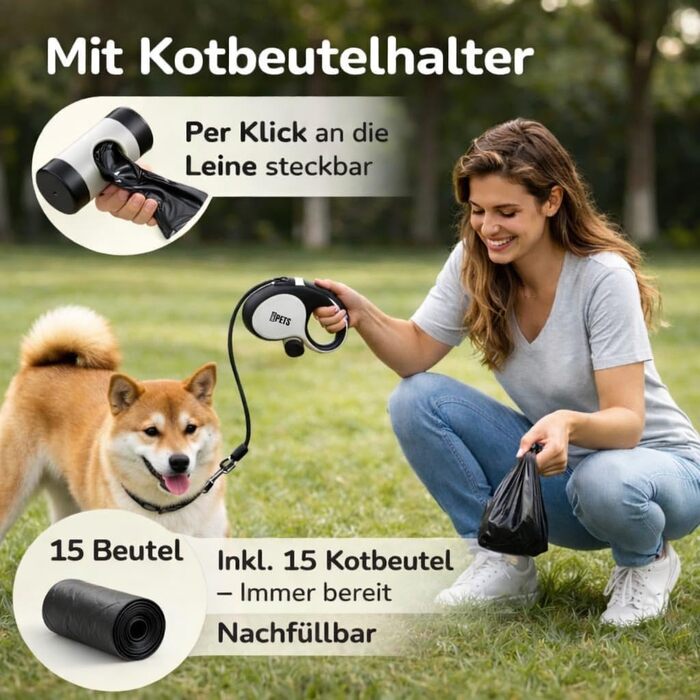 Висувна поводок для собак великих порід Flexi, 8м, до 50кг з гальмом та тримачем для відходів (15 шт.)