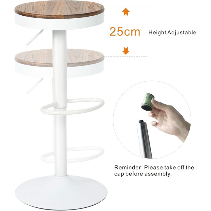 Kidol Adjustable Height Bar Stools 2-Pack - 360° Swivel, Round Wooden Seat on Metal Frame, for Kitchen/Bar/Living Room (White)