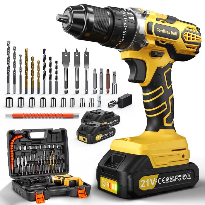 Акумуляторний дриль-шуруповерт 21V з 2 акумуляторами 2000mAh, 45Nm, 25+3 ступені крутного моменту, 10мм патрон, 27 предметів + кейс для домашніх DIY проектів