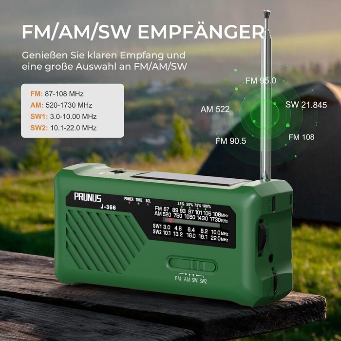 Радіо PRUNUS J-366 FM/AM/SW з ручним заводом, акумулятором 2000mAh та функцією зарядки телефону - аварійне радіо з ліхтариком, SOS сигналом, для подорожів, чорне/зелене