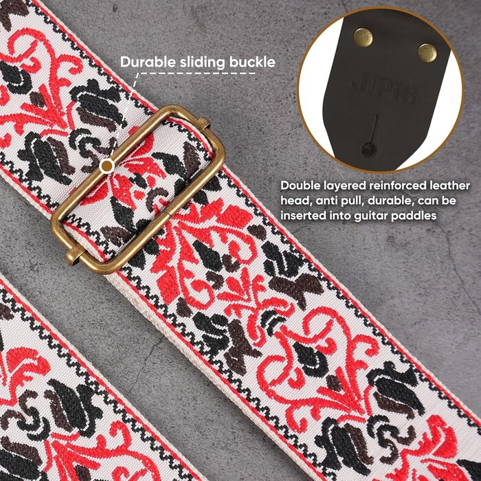 Гітарний ремінь Jacquard з вишитою бавовною та шкіряними кінцями для акустичної гітари (Gs-75-5, 5 метрів, червоний)