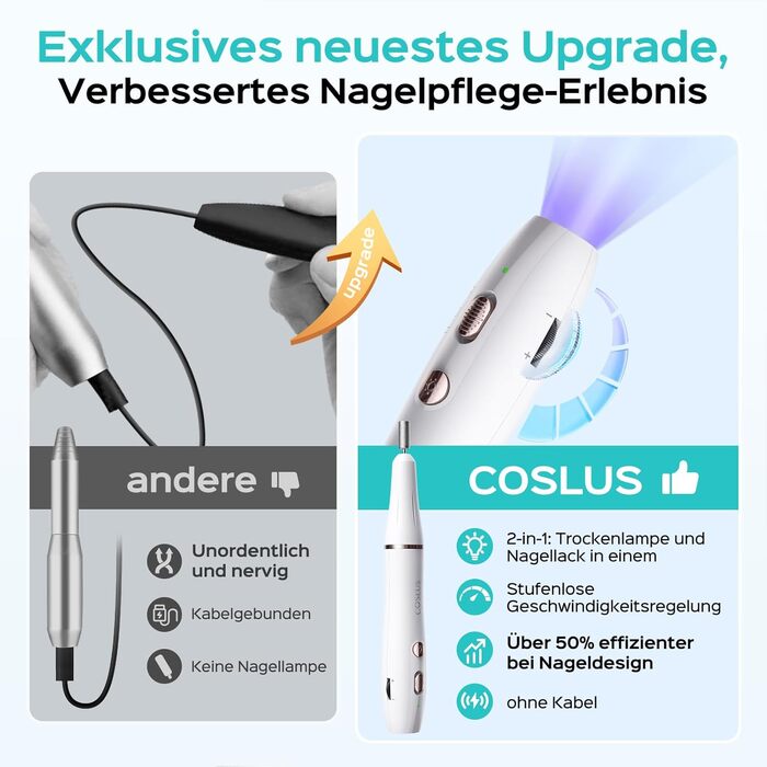 Професійний набір для манікюру та педикюру Coslus: електрична фрезер з регулюванням швидкості, світлом, металевими насадками та USB-C зарядкою