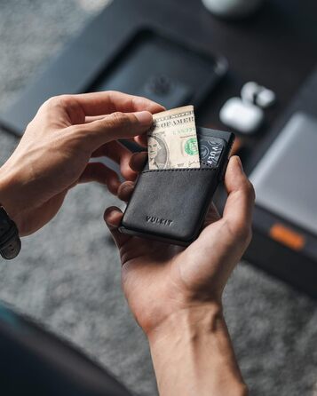 Чоловіче картхолдер VULKIT з металу та шкіри з автоматичним відкриванням, RFID/NFC захистом, slim дизайн, вміщує 5-9 карт (чорний)