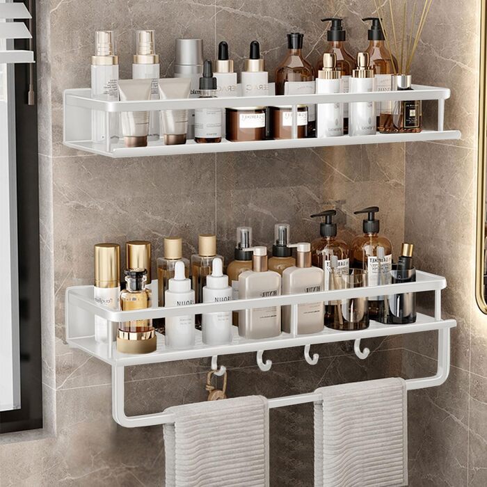 Поличка для душу Devesanter без свердління, 2 шт. з тримачем для рушників та 6 гачками. Органайзер для ванної кімнати, спальні, кухні (40 см, білий)