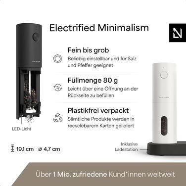 Електричні млини для солі та перцю 2 шт. LARS NYSØM з регульованою керамічною помелювальною системою (від грубого до дрібного помолу) | Дизайн, автоматичні, набір 2 шт. (Onyx Black)