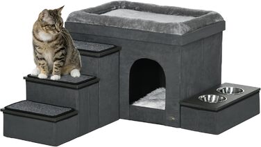 Кігтечка PawHut для котів та собак: будиночок з драбиною, 2 миски, м'яке ліжко, сірий, 78x48x49.5 см