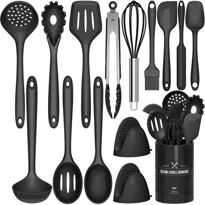 Набір кухонних аксесуарів Terlulu: 15 предметів з силікону, стійкий до нагріву, антипригарний, для посуду, з підставкою, чорний