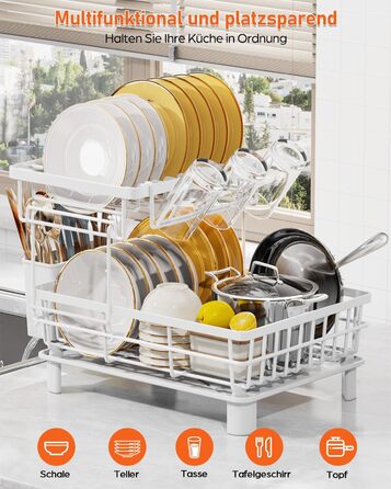 LIONONLY Dish Drying Rack, Small 2-Tier Dish Rack with Drip Tray, Stainless Steel Dish Drying Rack with Utensil Holder, Drink Holder and Swivel Spout, Dish Drying Stand Kitchen
