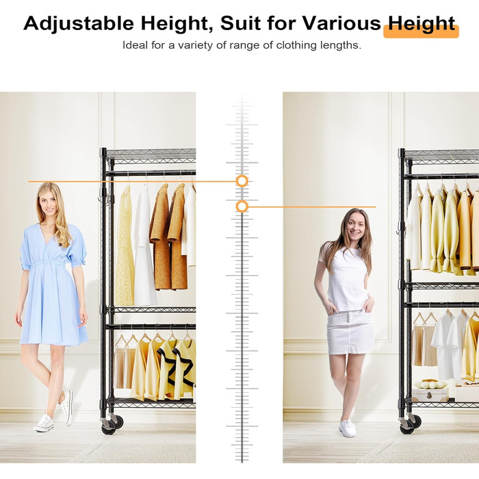 Міцний мобільний вішак для одягу з 3 рівнями, регульованими полицями, 2 штангами та гачками, чорний 40x75x189.3 см