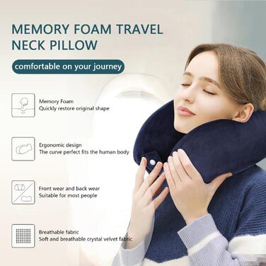Подушка для шиї, зручна, портативна, регульована, з Memory Foam, U-подібна, для подорожей (літак, поїзд, авто, офіс), темно-синя