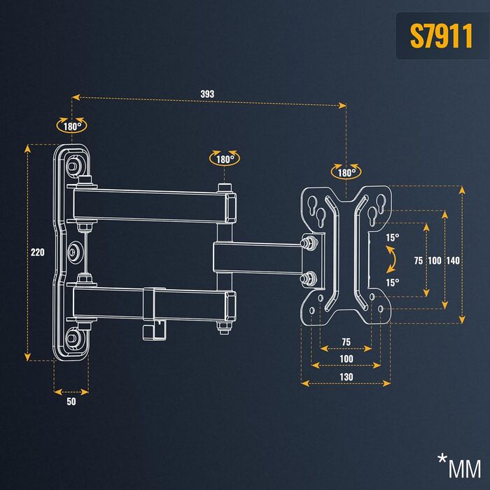 Кріплення для монітора на стіну RICOO S1211: поворотний тримач для монітора 13-34 дюймів, VESA 75x100, для плоских та вигнутих екранів