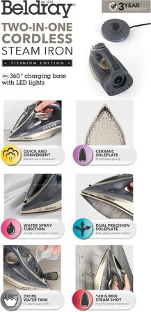 Праска Beldray 2600 Вт з керамічною підошвою з антипригарним покриттям, регулюванням температури та подачі пари, функцією самоочищення, резервуаром 280 мл, парою до 140 г/хв, висока потужність (UK-штекер, титан)