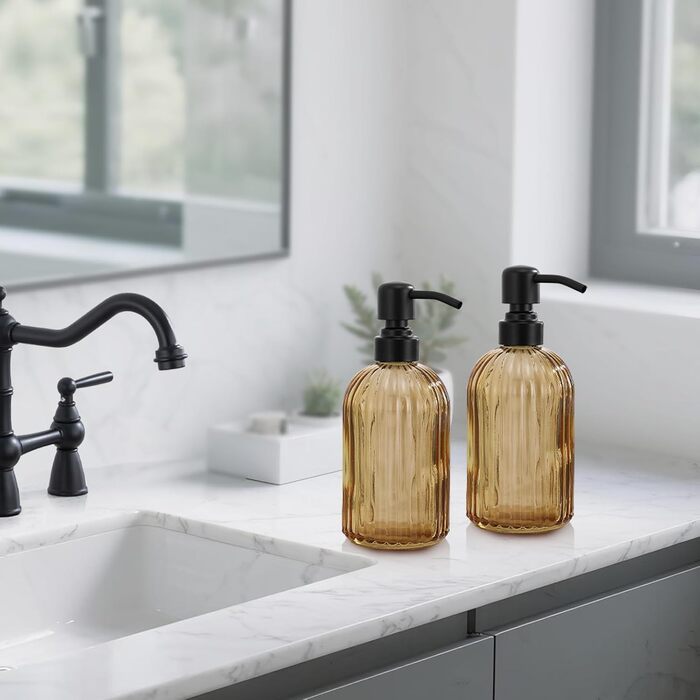 Дозатор для мила з бурштинового скла, 473 мл, з щіткою для миття, для ванної кімнати та кухні, з золотою помпою, преміум-якість