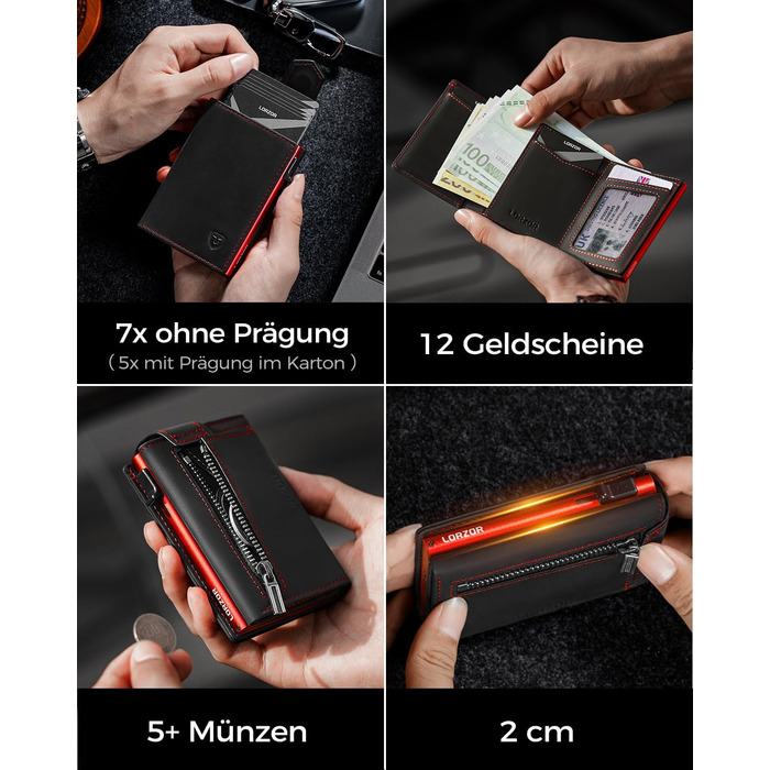Чоловіче картхолдер LORZOR з магнітною застібкою, slim-гаманець з відділенням для монет, RFID захистом, вміщує 10 карт, smart-гаманець, червоний