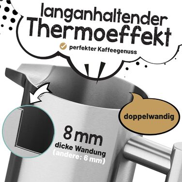 Morning Hero Premium Stainless Steel French Press, large size for 5 cups, 1000 ml, metal coffee press, induction suitable, 1l thermal insulated carafe, barista coffee maker, double-walled, manual coffee pot, 1000ml, 1000ml (5 cups)