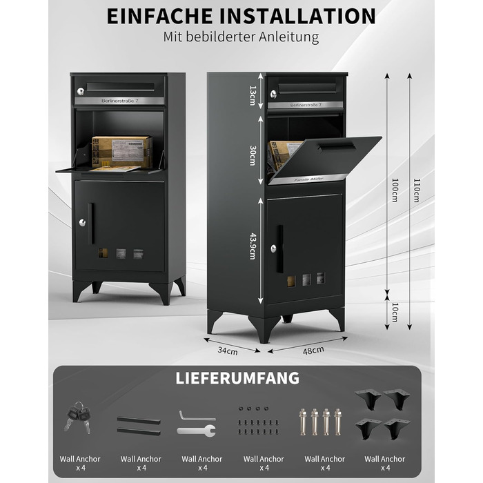 Поштовий ящик антрацит з гравіюванням, персоналізований, 2-в-1, нержавіюча сталь, з відділенням для газет та посилок (XXL)