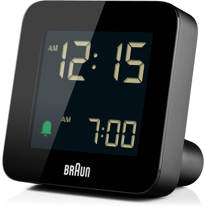 Braun Digital Alarm Clock with Snooze Function, Negative LCD Display, Quick-Set Function, Crescendo Alarm in Black, Model BC09B.