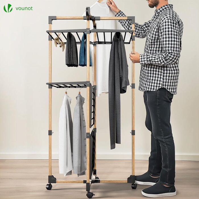 Сушарка для білизни VOUNOT вежа 3-ярусна, складана, на колесах, біла (чорна) - 25м, імітація дерева