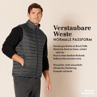 Чоловіча розпакувальна жилетка Amazon Essentials, легка, водостійка, чорна, компактна