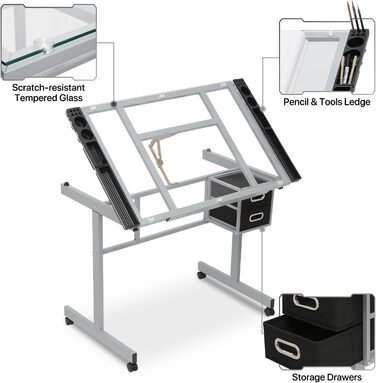 Adjustable Art Desk with Storage - Tiltable Drafting Table with Wheels - Multi-Purpose Craft Station