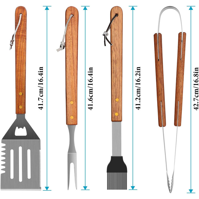 Набір аксесуарів для гриля 4 шт. з високоякісним гриль-посудом (щипці, лопатка, виделка, щітка та сумка) для приготування їжі на задньому дворі, кемпінгу та відпочинку на природі. Ідеальний подарунок для чоловіків.