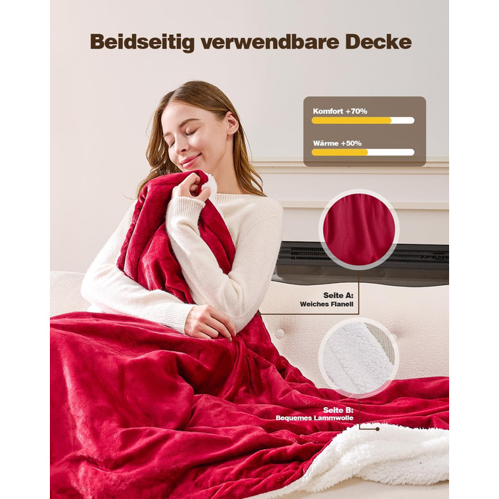 Електрична ковдра Yokimisu з автовимкненням 180x130 см, плюшева, з 6 рівнями нагріву, таймером, захистом від перегріву, пральна, для дому та офісу (червона)