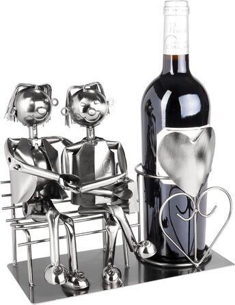 BRUBAKER Bottle Holder Men Loving Couple on Bench - Wine Bottle Holder Man + Man Silver - Bottle Stand Metal Figure Love - Metal Sculpture Gift for Married Couples with Gift Card