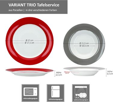 MamboCat Tafelservice Trio 12tlg. - Посуд для 6 осіб (12 предметів) з порцеляни, зелений, червоний, сірий | Тарілки супові та обідні